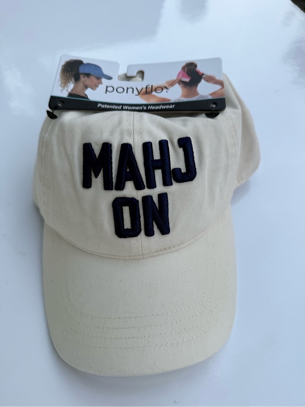 ponyflo Cream Baseball Cap with Navy 'MAHJ ON' Embroidery